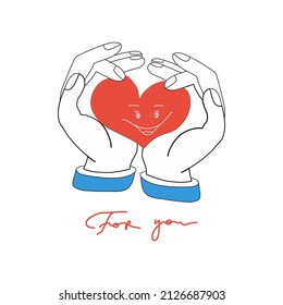 Hends with heart on white background. hands gently hold the heart and the inscription for you