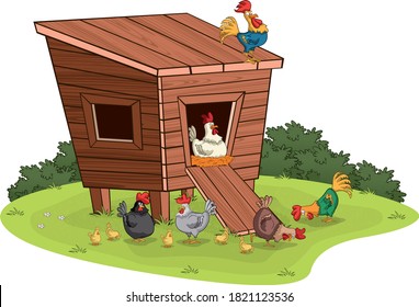 Henhouse with cartoon chicken and chicks