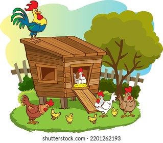 Henhouse with cute hens, chicks and rooster in summer landscape vector illustration cartoon style