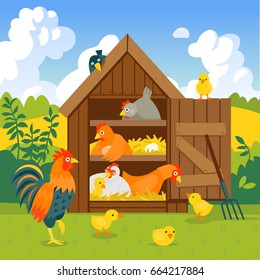 Henhouse with cute hens, chicks and rooster in summer landscape vector illustration cartoon style