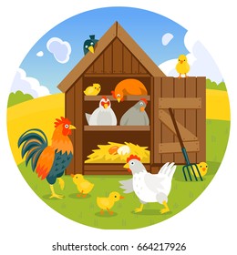 Henhouse with cute hens, chicks and rooster in summer landscape vector illustration cartoon style