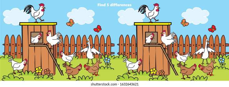 Henhouse and poultry in the backyard, board game for children, find five differences. Vector illustration.