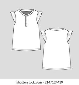 Henley armhole ruffles top henley neck button panel ruffle frill detail fashion flat sketch technical drawing template design vector