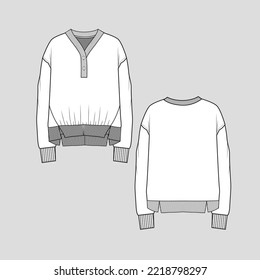 Henley Button panel ribbed sweatshirt top long Sleeve Drop Shoulder High low hem front slit Fashion flat sketch technical drawing  template