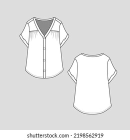 Henley Gathering Roll Up Sleeve Top Full open button panel Fashion Template  flat sketch Technical Drawing Cad mock up Design