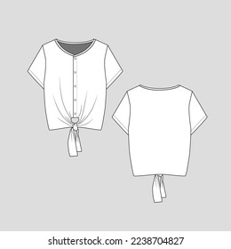 Henley Knotted Hem Crop top button panel Short Sleeve Fashion knot tie Hem  flat sketch technical drawing  template design