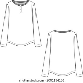 Henley long Sleeve t-shirt top technical flat sketch drawing vector 