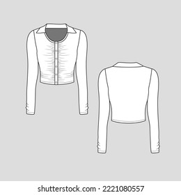 Henley Neck Collar Gathering Crop Top Button panel shirred ruched long Sleeve  fashion design flat sketch technical drawing template vector