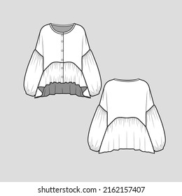 Henley neck Drop Shoulder Lantern sleeve top Henley Neck full open button panel Ruffles high low dip hem gatherings detail Fashion clothing outline flat sketch technical drawing template design