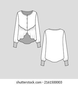 Henley Neck Fashion Hem line Top Button panel Smocked Long Sleeve Cuff high low dip hem Flat Sketch technical drawing template design vector