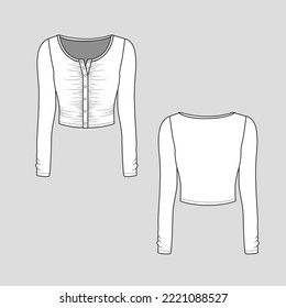 Henley Neck Gathering Crop Top button panel shirred ruched  long Sleeve detail clothing fashion flat sketch technical drawing template design vector