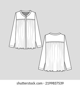 Henley Neck gathering ruffles t shirt top Hidden button panel placket gathering detail Long Sleeve Fashion  flat sketch design technical Drawing template