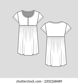 Henley Neck gathering t shirt top button panel short sleeve blouse technical drawing design Fashion template flat sketch