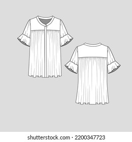 Henley Neck hidden button panel Ruffles Sleeve top front Gathering ruffle hem Flat sketch template fashion drawing