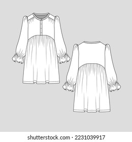 Henley Neck Knotted Gathering ruffles Sleeve fashion Dress long Puff sleeve gathering hem technical drawing flat sketch vector