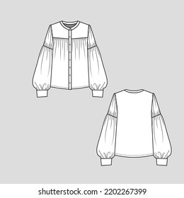 Henley Neck lantern Sleeve gathering t shirt Long sleeve with cuffs Full Open Button panel Fashion design template drawing flat sketch vector