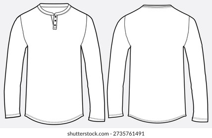 Henley Neck Long Sleeve Crew Neck T-Shirt Flat Sketch. Button placket T-shirt  Round Neck Fashion Technical Drawing front and back Vector Template 