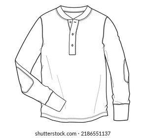 henley neck long sleeve t shirt with elbow patch fashion flat sketch vector illustration template