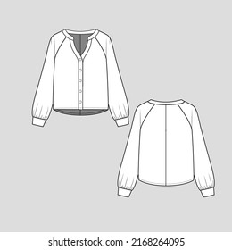 Henley neck Raglan top button panel placket high low dip hem long sleeve with cuffs  t shirt top blouse  fashion flat sketch technical drawing template design vector