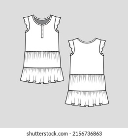 Henley neck ruffle dress henley neck button panel layered ruffles armhole ruffle detail dress fashion flat sketch technical drawing template design vector
