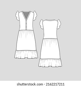 Henley Neck Ruffles Frill dress v Henley neck Button panel  Armhole ruffles sleeve waist gathering Ruffles flare hem clothing dresses flat sketch drawing template design vector