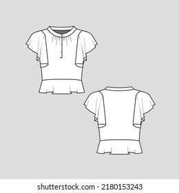 Henley Neck Ruffles peplum  top Half open button panel placket Layered Ruffles Waist  detail ruffles Sleeve T shirt Top blouse Fashion flat sketch technical drawing template