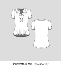 Henley neck ruffles top short puff sleeve gathering high low dip hem t shirt top blouse  fashion flat sketch technical drawing template design vector
