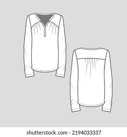 Henley neck shoulder pleated top Long Sleeve t shirt  fashion flat sketch template technical drawing design vector