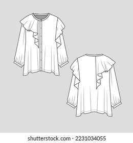 Henley Neck shoulder ruffles top full open button panel placket long sleeve with cuffs gathering fashion ruffle t shirt top blouse flats template technical drawing sketches vector