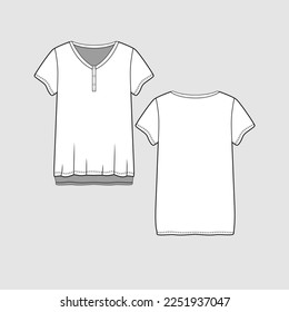 Henley Neck T shirt Button panel Placket High low Hem Clothing Fashion flat sketch Drawing template