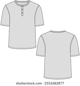 Henley neck t-shirt vector illustration. Henley neck short sleeve t-shirt front and back views