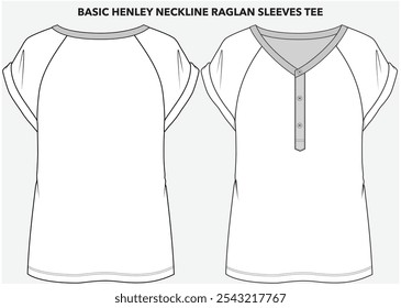 HENLEY PLACKET V DECOTE TEE COM MANGAS CURTAS RAGLAN DETALHE PROJETADO PARA MULHERES JOVENS E MULHERES EM ARQUIVO VETORIAL