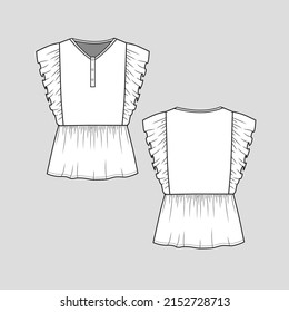 henley ruffles peplum top button panel side  ruffles detail gathering flounce hem sleeveless t shirt dress blouse clothing fashion flat sketch technical drawing template design vector