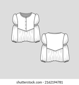 Henley Smocked frill Lantern sleeve top Henley Neck Button Panel Ruffles gatherings detail puff sleeve smocked detail gathering lantern Fashion clothing outline flat sketch technical drawing template 