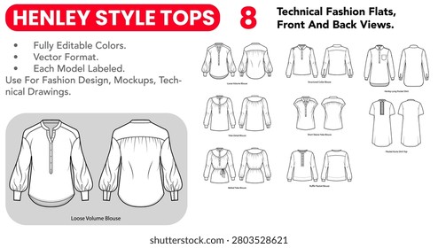 Henley Style Tops collection featuring editable technical fashion flats with front and back views, color versions, partial button plackets and relaxed casual silhouettes. Vector illustration