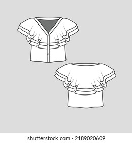 Top-Button-Paneel mit gestuften Ruffles-Fingern-Modebluse Flache Sketch-Design Vektorgrafik