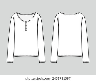 Top de Henley con manga larga. Vector boceto técnico. Plantilla de maqueta.