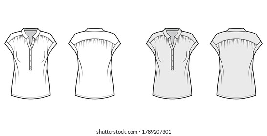 Henley top technical fashion illustration with loose silhouette, regular colar, sleeveless, gentle pleats. Flat blouse apparel template front, back white grey color. Women, men unisex shirt CAD mockup