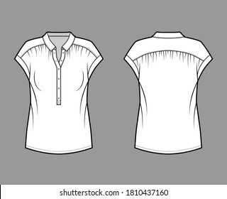 Henley top technical fashion illustration with loose silhouette, regular colar, sleeveless, gentle pleats. Flat blouse apparel template front, back white color. Women, men unisex shirt CAD mockup