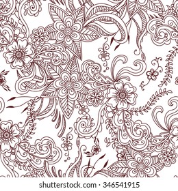 Henna floral seamless pattern. Hand drawn ornament in Indian style. Brown flowers on white background. Vector background