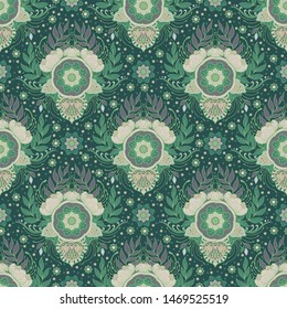 henna flower seamless pattern vector background with soft white and green tone