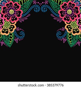 Henna flower vector ornament frame. Black frame with colorful flowers, lace ornament. Henna style.