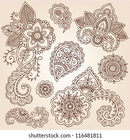 Henna Flowers And Paisley Mehndi Tattoo Doodles Set- Abstract Floral Vector Illustration Design Elements