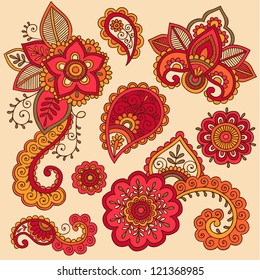 Henna Flowers and Paisley Mehndi Tattoo Doodle Set- Colorful Abstract Floral Hand Drawn Vector Illustration Design Elements