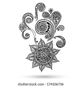 Henna Flowers and Paisley Mehndi Tattoo Doodles. Abstract Floral Vector Illustration Design Elements