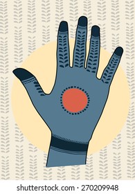 Henna hand illustration. Hand drawn vector indian design. Blue hand with orange spot.