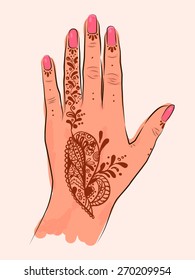 Henna hand illustration. Hand drawn vector indian design. Pink nails.