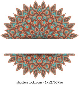 Henna mandala vector card template with text place. Birthday greeting card design. Round floral mandala ornament with butterfly, heart, leaf, petal, flower motifs. Indian medallion.