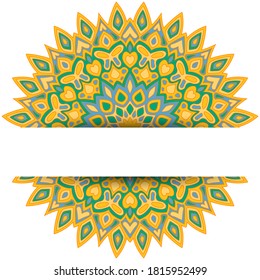 Henna mandala vector card template with text place. Birthday greeting card design. Circle floral mandala ornament with butterfly, heart, leaf, petal, flower elements. Asian background.