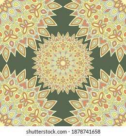 Henna mandala Vektor nahtloses Muster. Sari Print Design. Circle Blumenmandala Ornament mit Schmetterling, Herz, Blatt, Blütenblätter, Blumenformen. Indischer Medaillon Motiv nahtloser Hintergrund.